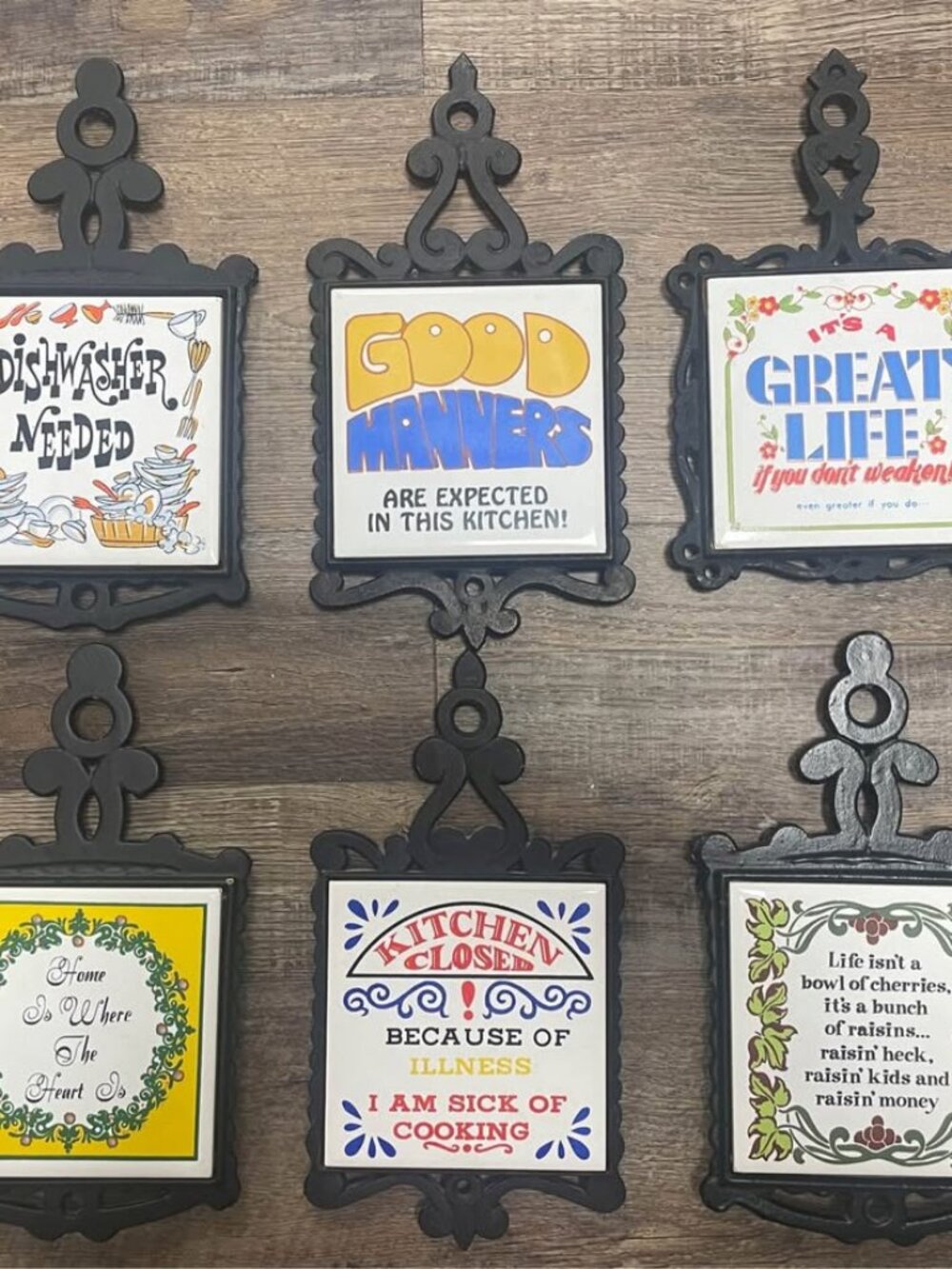 Set of 6 1970s Vintage Cast Iron Tile Trivets Collectible Funny Wall Home Decor